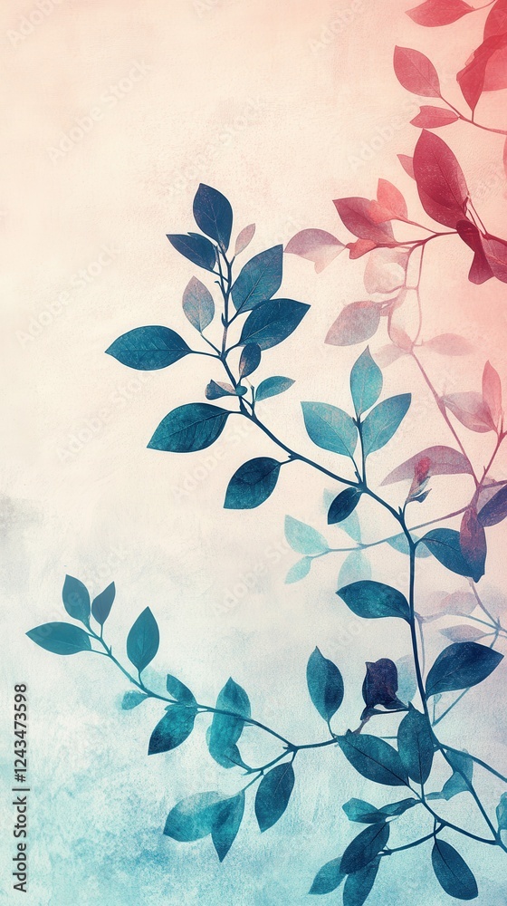 Aufkleber Artistic display of gradient branches with leaves creating a soothing background in soft hues of blue and pink