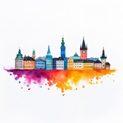 Fototapeta premium Colorful Watercolor City Skyline Artwork with Vibrant Hues and Unique Architectural Details