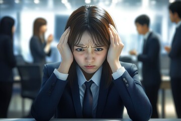 社内のストレスで頭を抱える日本人の女性会社員（パワハラ・セクハラ・ハラスメント・鬱・いじめ・限界）