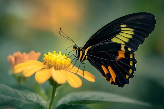 Black and yellow butterfly pollinating a yellow wildflower