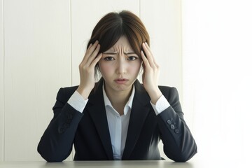 社内のストレスで頭を抱える日本人の女性会社員（パワハラ・セクハラ・ハラスメント・鬱・いじめ・限界）