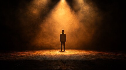 Spotlight on lone figure, smoky stage, dramatic presentation, marketing