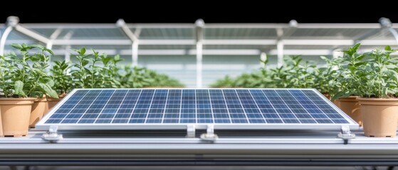 Fototapeta premium Greenhouse Farming with Solar Panels for Organic Food. Solar panel in a greenhouse with potted plants, highlighting sustainable energy and agriculture.