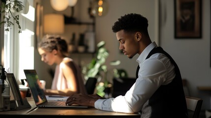 Young man focused on work at his laptop in a cozy modern workspace with a woman nearby