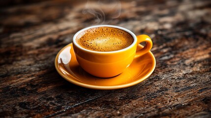 Steaming espresso cup on rustic wood; cafe background; menu photo