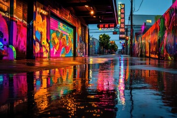 Fototapeta premium Vibrant graffiti alley reflection, urban night scene