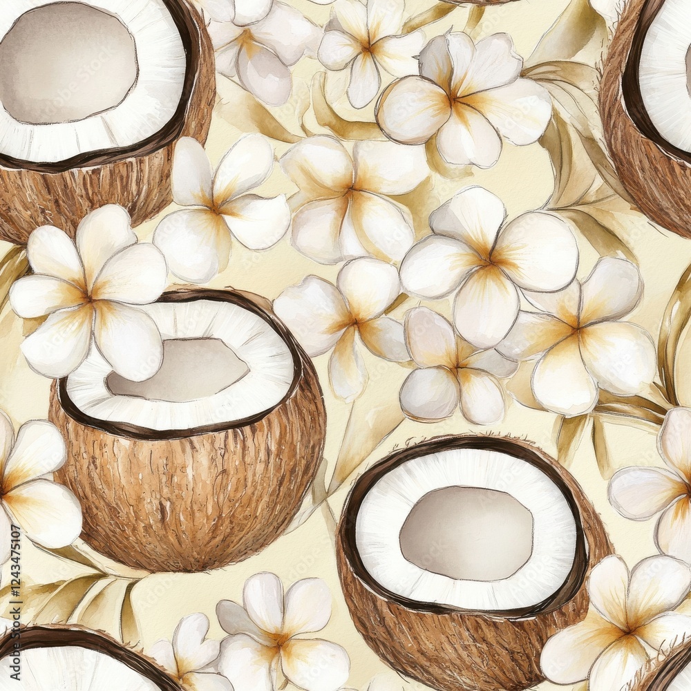 Poster whimsical watercolor doodles of coconuts and flowers in a playful arrangement on a light background