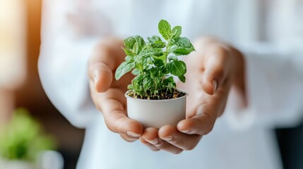 A person gently holds a small potted plant, symbolizing care and connection to nature in a bright, indoor setting.