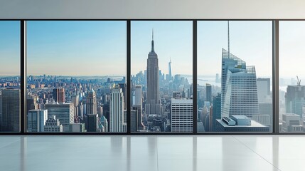 Modern high-rise skyline view through a large window. Empty interior with a white wall, perfect for interior design mockups, real estate marketing, or urban lifestyle concepts. Bright daylight