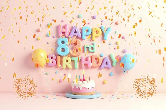 Animated 3D Happy 83rd Birthday background video in pastel theme with floating balloons, lit candles, fireworks, and confetti shower