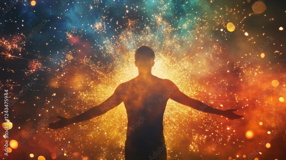 Poster vibrant silhouette of a man with a colorful explosion of light in the background during a peaceful e