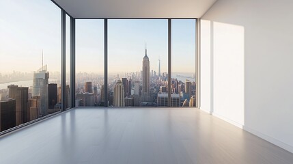 Fototapeta premium Modern high-rise skyline view through a large window. Empty interior with a white wall, perfect for interior design mockups, real estate marketing, or urban lifestyle concepts. Bright daylight