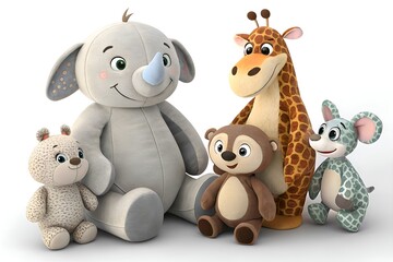 Cute plush animal toys group isolated on white background. Soft stuffed animals including elephant, giraffe, bear, and mouse