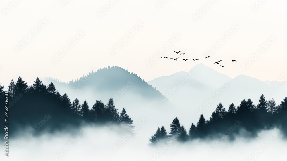 Poster birds are flying over a misty valley with mountains partially covered by fog and an evergreen forest