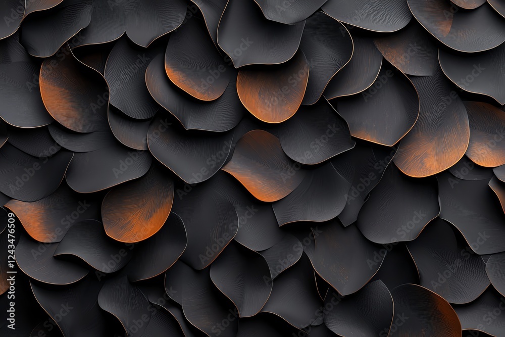Poster an abstract arrangement of black and rust-colored curved shapes, creating a textured backdrop that a