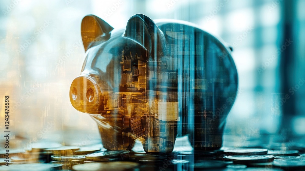 Poster symbolic double exposure illustrating the concept of saving money with a piggy bank and urban financ