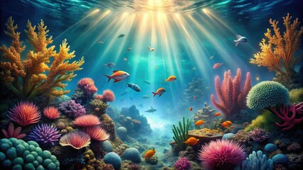 Fototapeta premium Stylized depiction of a mystical underwater world with glowing coral, schools of fish, and seaweed, illustration, ocean, mystical