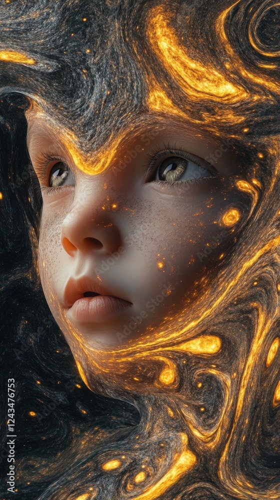 Poster surreal visualization of a child's face with cosmic patterns and ethereal features in an imaginative