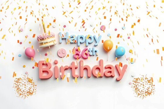 Animated 3D Happy 86th Birthday background video in pastel theme with floating balloons, lit candles, fireworks, and confetti shower