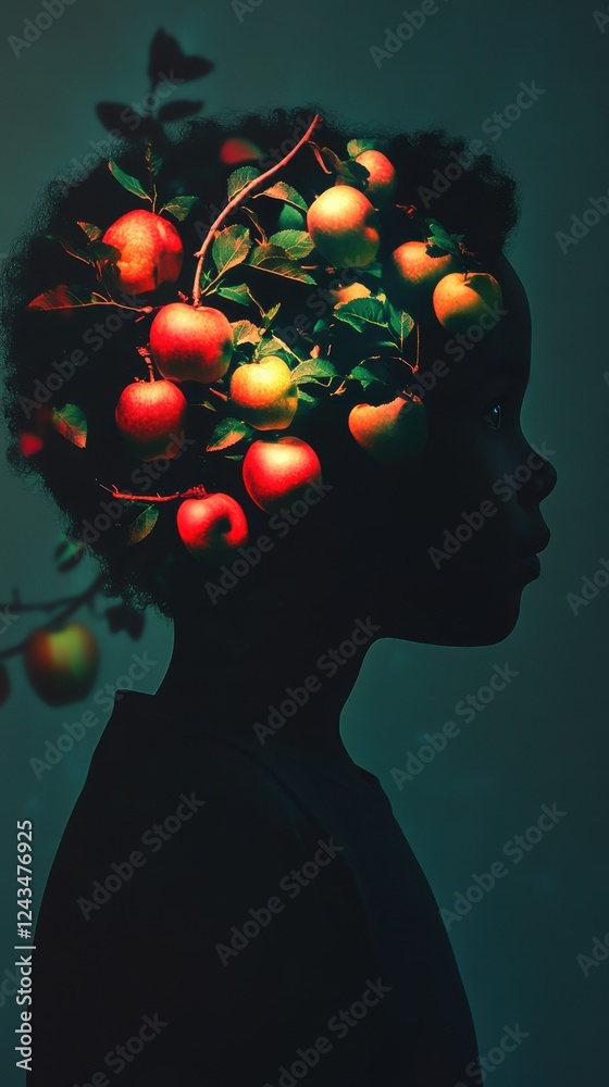 Poster silhouette of a child's profile with a surreal depiction of apples and foliage emerging from the hea