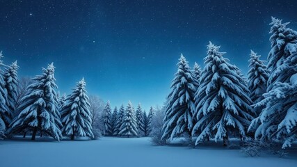 winter landscape with snow-covered trees under a frosty starry sky, frozen forest, frosty stars
