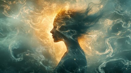 Fototapeta premium Surreal representation of a glowing woman in a dreamlike atmosphere with ethereal swirls and luminous background