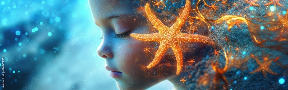 Poster surreal portrait of a glowing child with starfish in flowing hair in an ethereal underwater setting 