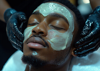A black man is receiving a facial treatment in a spa salon