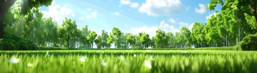 A lush green landscape featuring tall grass and trees under a bright blue sky with fluffy clouds.