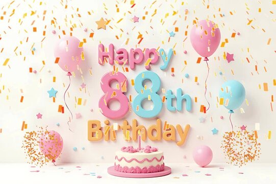 Animated 3D Happy 88th Birthday background video in pastel theme with floating balloons, lit candles, fireworks, and confetti shower