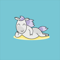 vector illustration cute horse doodle flat style, simple horse lies on rug smiling cartoon character