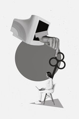 Template magazine collage of robotic lady manager working netbook surreal pc monitor hand wind up...