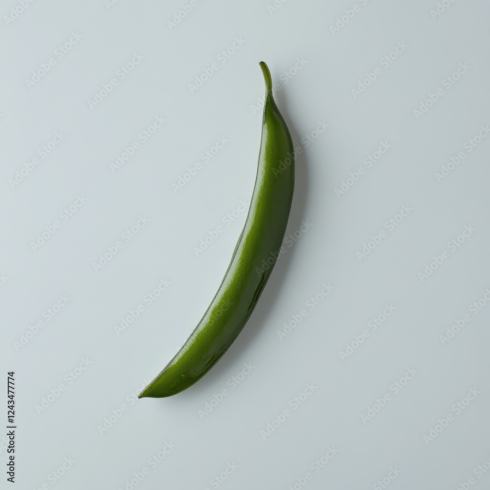 Poster single smooth green bean pod resting on a light surface, showcasing its glossy texture in natural li