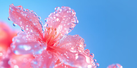 Fototapeta premium Morning dew clings delicately to vibrant pink petals of a blooming flower against a soft blue background in a tranquil natural setting