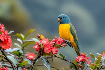 Obraz premium Bar winged mountain parakeet perched on flowering branch