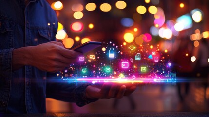 modern business and technology theme. Blurred background with people. A sleek, simple and sleek holograms emerge, showcasing technology icons and networking