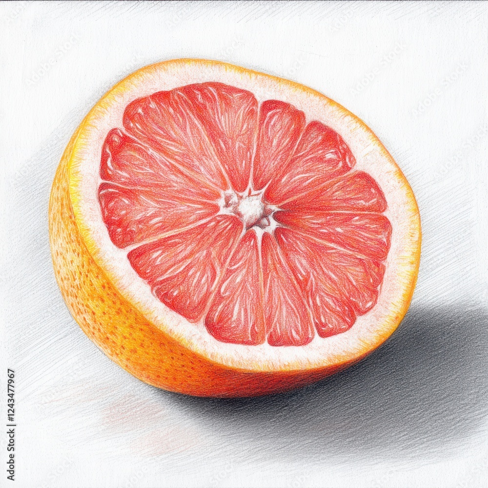 Poster brightly colored grapefruit sliced in half showcasing its juicy interior and vibrant textures in a s
