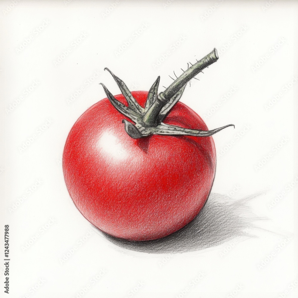 Poster detailed drawing of a single cherry tomato with a stem on a clean background showcasing bright red c