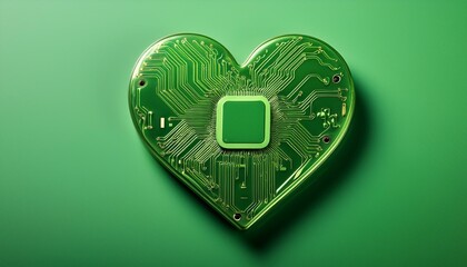 a green circuit board shaped as a heart with a square chip at its center. The heart is set against a solid green background. This image suggests the interconnection of technology and love 