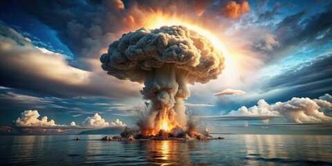 A massive nuclear explosion occurring underwater with a large mushroom cloud forming on the surface, nuclear bomb, underwater detonation