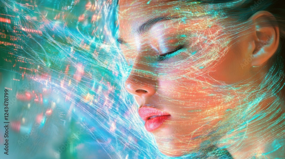 Poster Woman's face harmonizes with vibrant digital light patterns creating a surreal atmosphere in a tranquil setting
