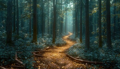 Fototapeta premium Mystical Forest Path Golden Light Autumn Woods