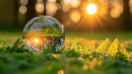 Bright crystal globe nestled on ferns under a canopy of sunlight in a green forest. Highlights the significance of Earth Day, conservation, and protecting the earth for future generations.