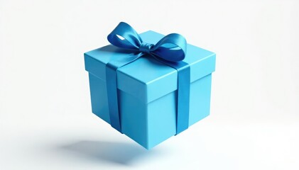 Obraz premium Blue gift box with a tied ribbon bow lid in mid-air on white background, white, isolated, empty