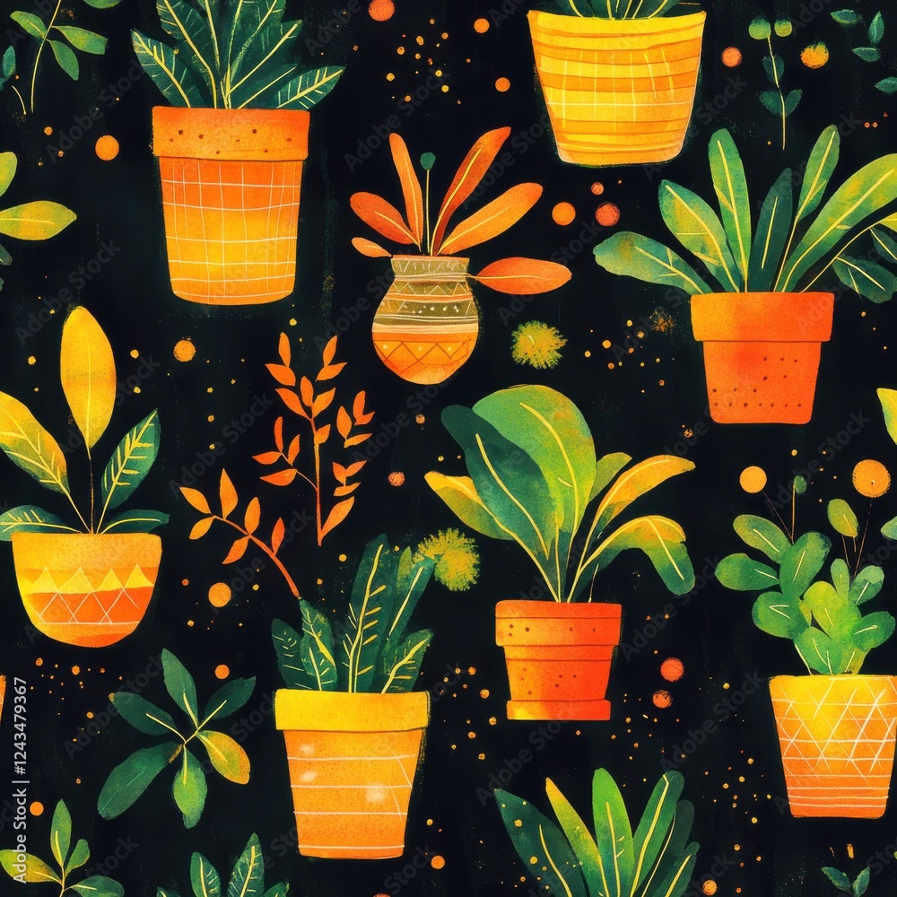 Aufkleber bright and vibrant doodle watercolor design featuring an array of plant pots on a dark background