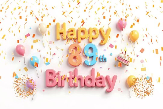 Animated 3D Happy 89th Birthday background video in pastel theme with floating balloons, lit candles, fireworks, and confetti shower