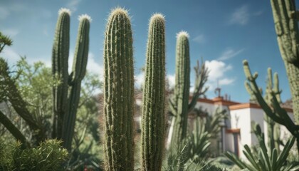 tall cactus plant in a garden with green and white spines , green and white spines, desert landscape