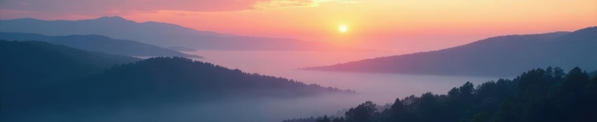 Fototapeta premium Misty dawn landscape with rolling hills and foggy valleys, landscape, soft, mist