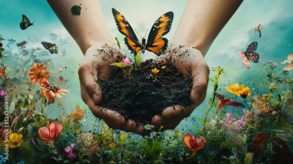 Poster hands gently holding rich soil with vibrant flowers and butterflies surrounding them in a garden set