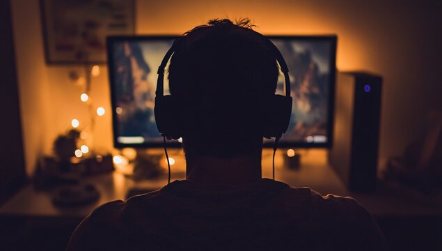 A man is sitting in front of a computer monitor with headphones on. The room is dimly lit, and the man is focused on the screen. Concept of concentration and immersion in the video game being played